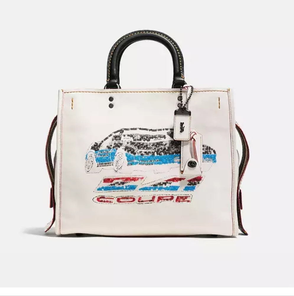 Coach Black and White Tote with Structured Design and Colorful Artwork